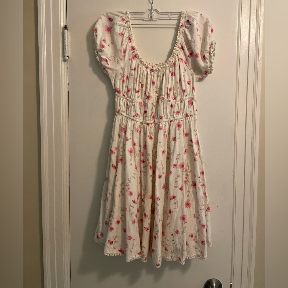 Sim and Sam Linen Blend Pink Floral Coquette Girl Babydoll Mini Dress Size Small